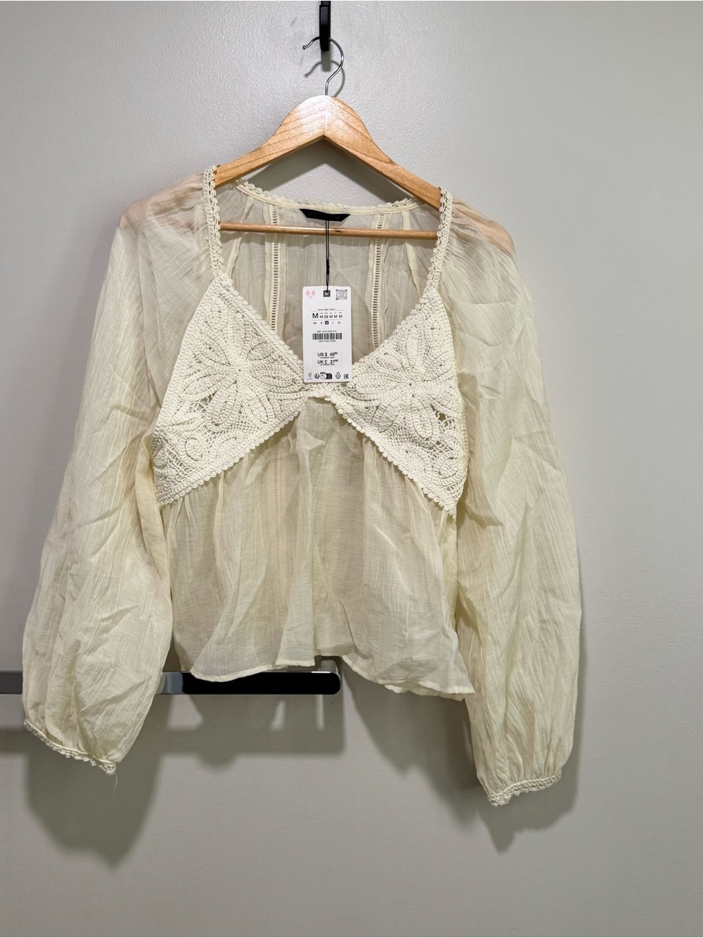 Zara Cream Crochet-Trim Sheer Peasant Blouse